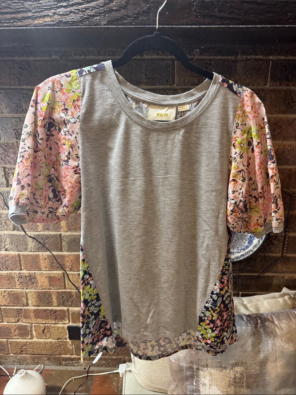 Maeve Light Gray Tee with Pink Floral Puff Sleeves
